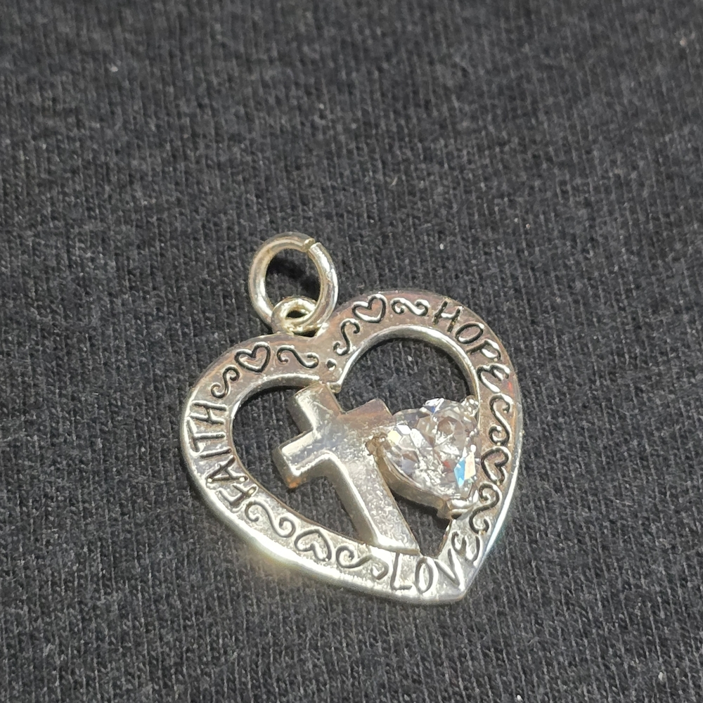 Silver Heart Pendant with Cross and Crystal Accent - Picture 3 of 8